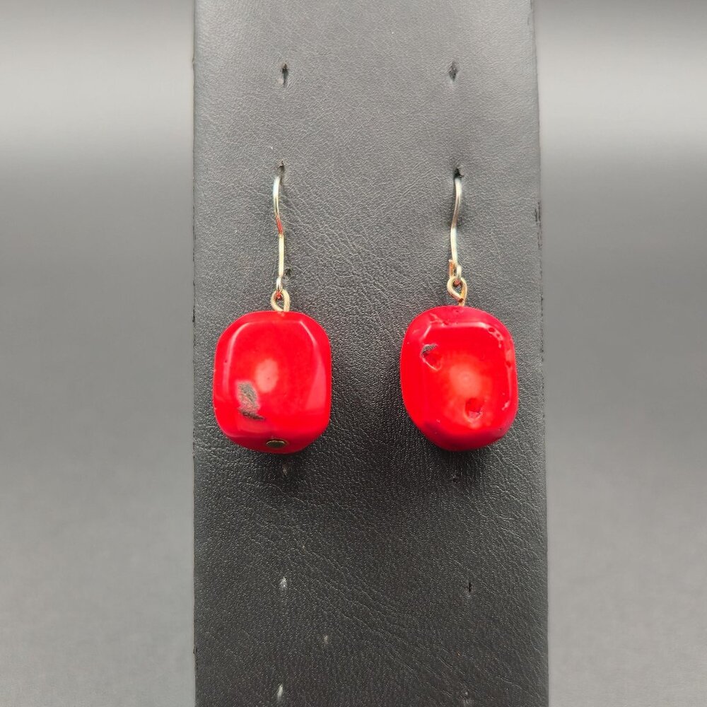 Copper Good Size Chunk Of Red Shell Dangle Earrin… - image 1